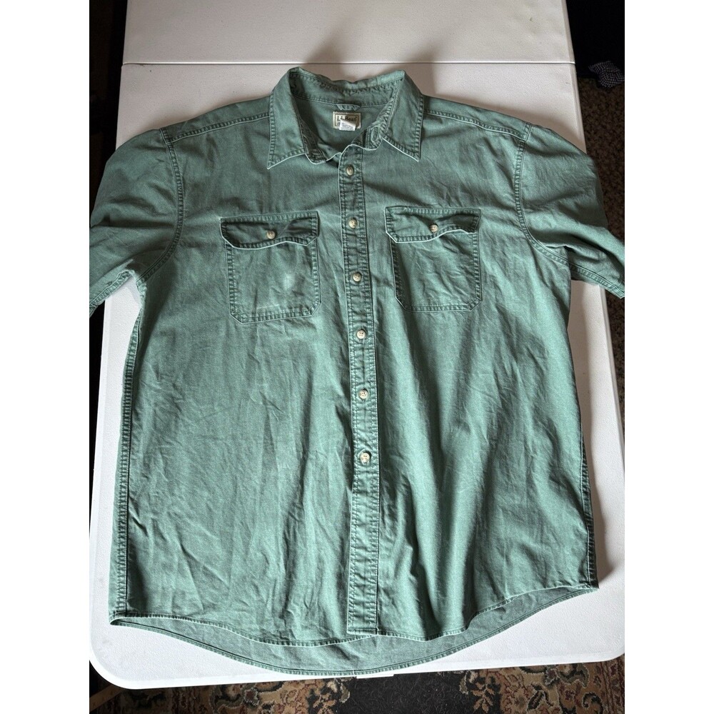 LL Bean Short Sleeve Button Down Shirt Mens XL Regular Green Camping Outdoor